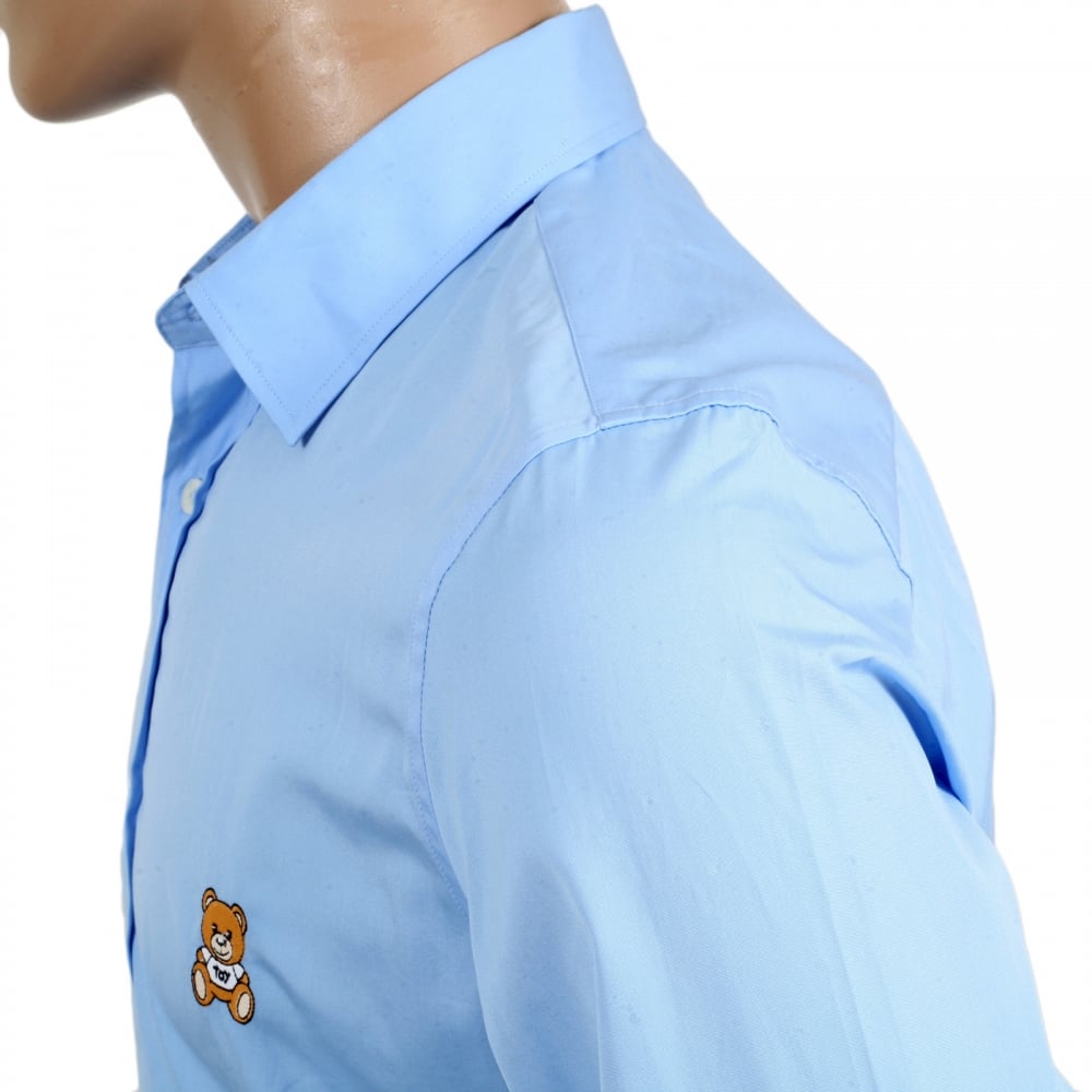 Long Sleeve Slim Fit Teddy Bear Embroidered Sky Blue Shirt with Soft Collar and Rounded Tail