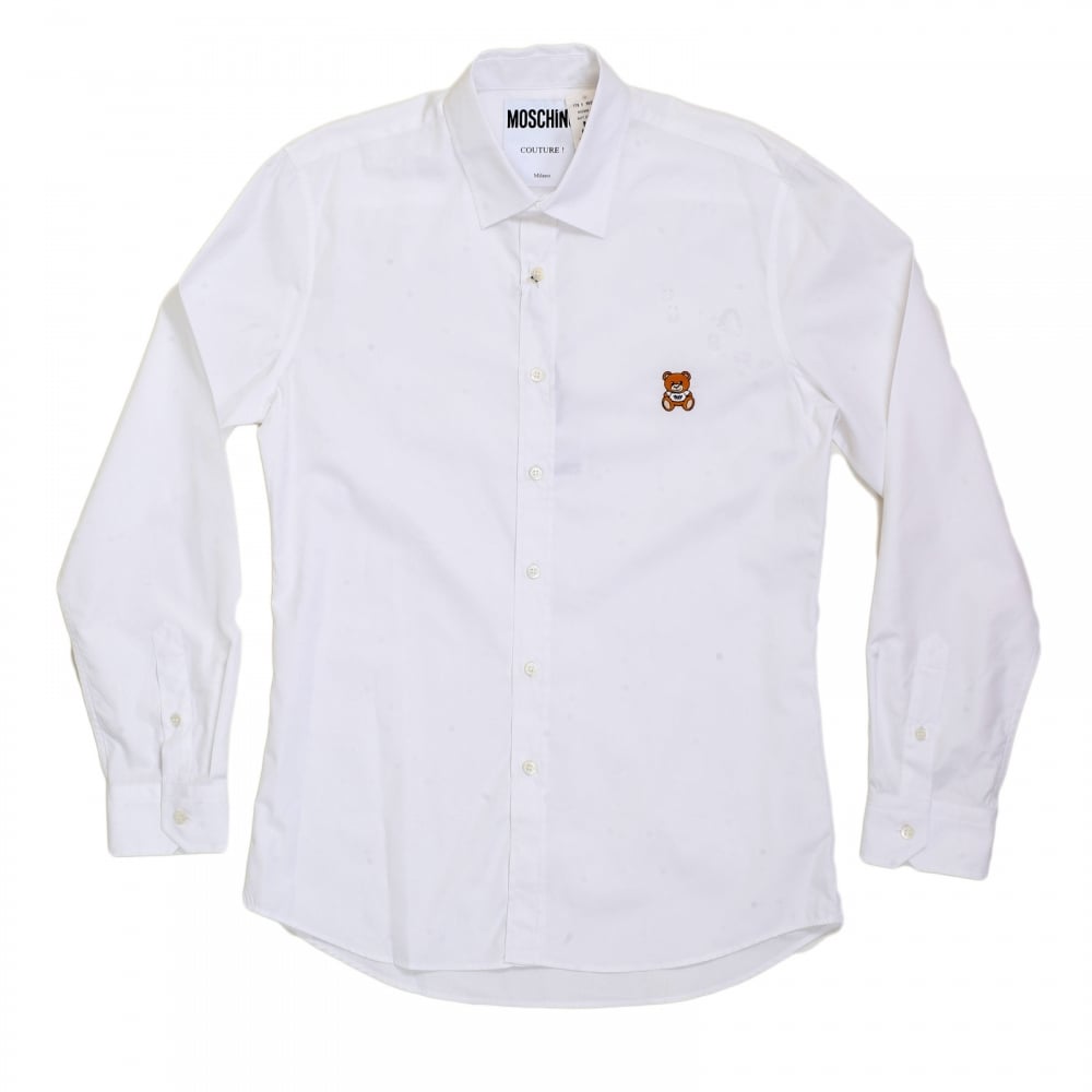 Mens White Slim Fit Long Sleeve Shirt with Teddy Bear Embroidered on Chest and Logo Embossed Buttons