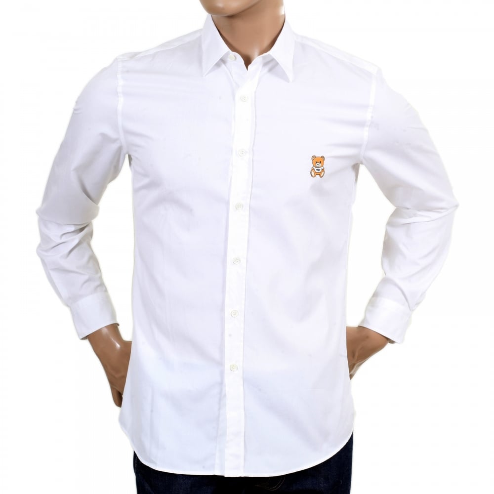 Mens White Slim Fit Long Sleeve Shirt with Teddy Bear Embroidered on Chest and Logo Embossed Buttons
