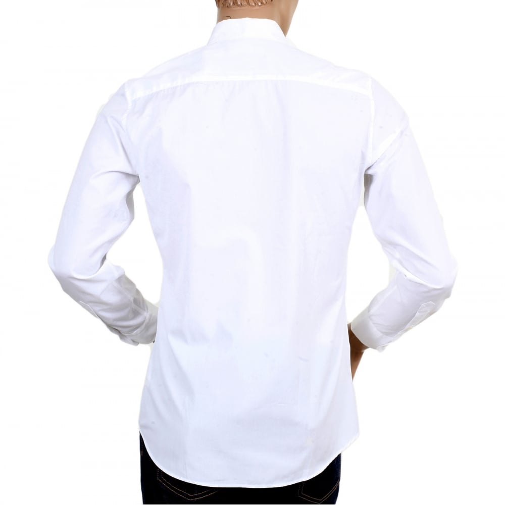 Mens White Slim Fit Long Sleeve Shirt with Teddy Bear Embroidered on Chest and Logo Embossed Buttons