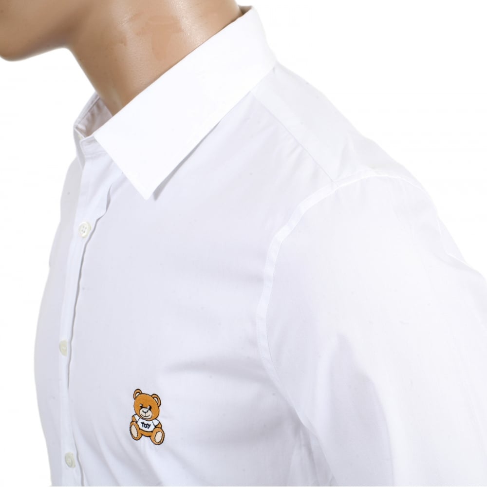 Mens White Slim Fit Long Sleeve Shirt with Teddy Bear Embroidered on Chest and Logo Embossed Buttons