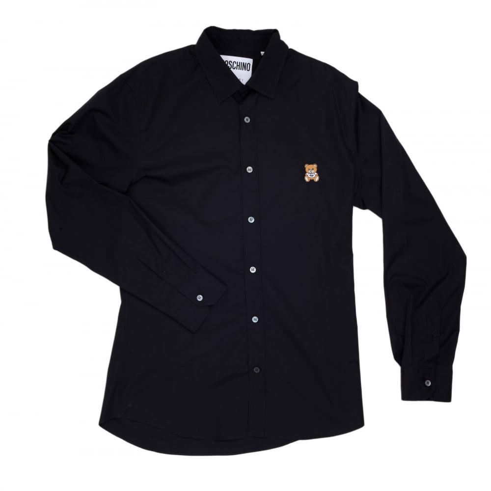 Long Sleeve Cotton Slim Fit Teddy Bear Embroidered Black Shirt with Rounded Tail and Soft Collar