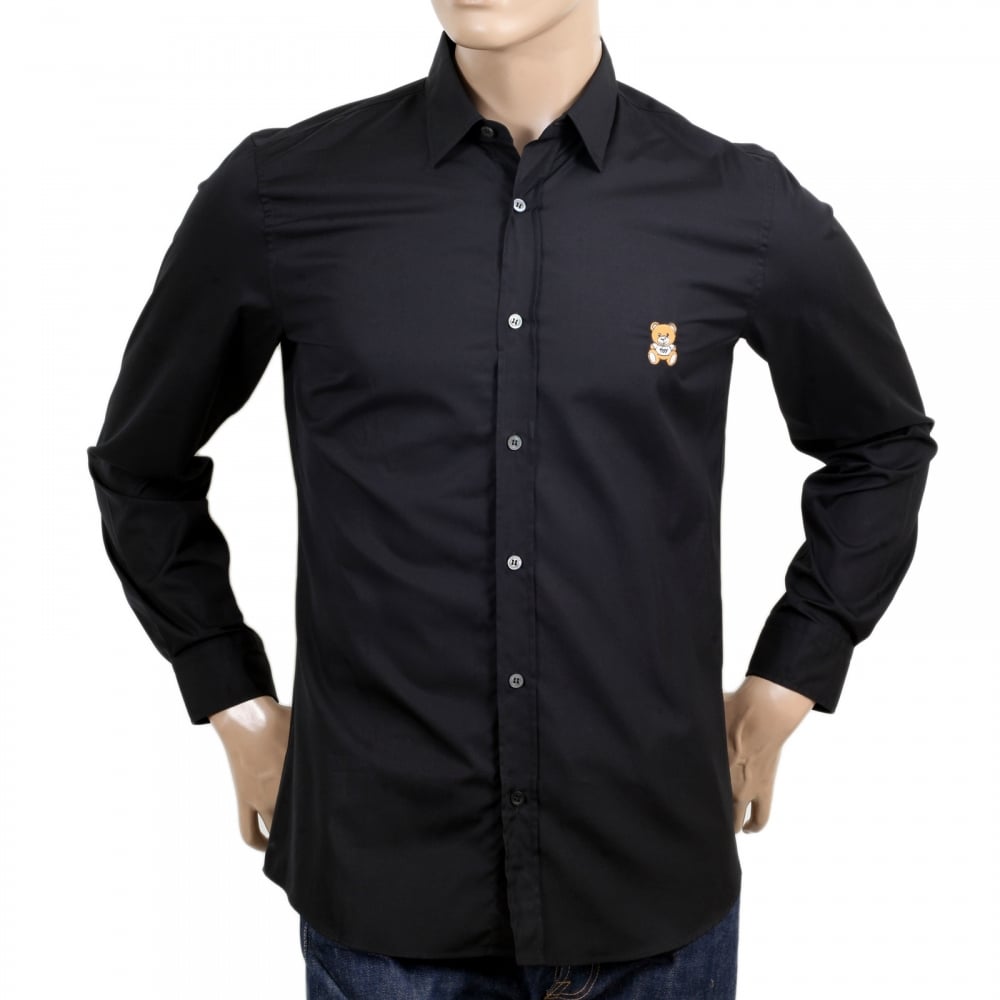 Long Sleeve Cotton Slim Fit Teddy Bear Embroidered Black Shirt with Rounded Tail and Soft Collar