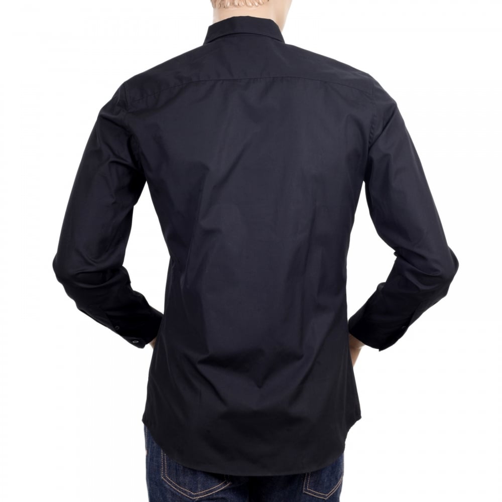 Long Sleeve Cotton Slim Fit Teddy Bear Embroidered Black Shirt with Rounded Tail and Soft Collar