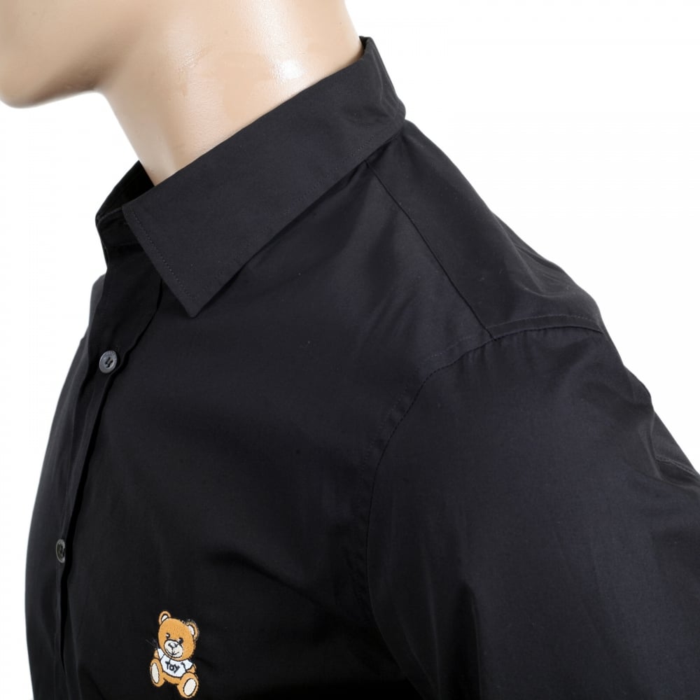 Long Sleeve Cotton Slim Fit Teddy Bear Embroidered Black Shirt with Rounded Tail and Soft Collar