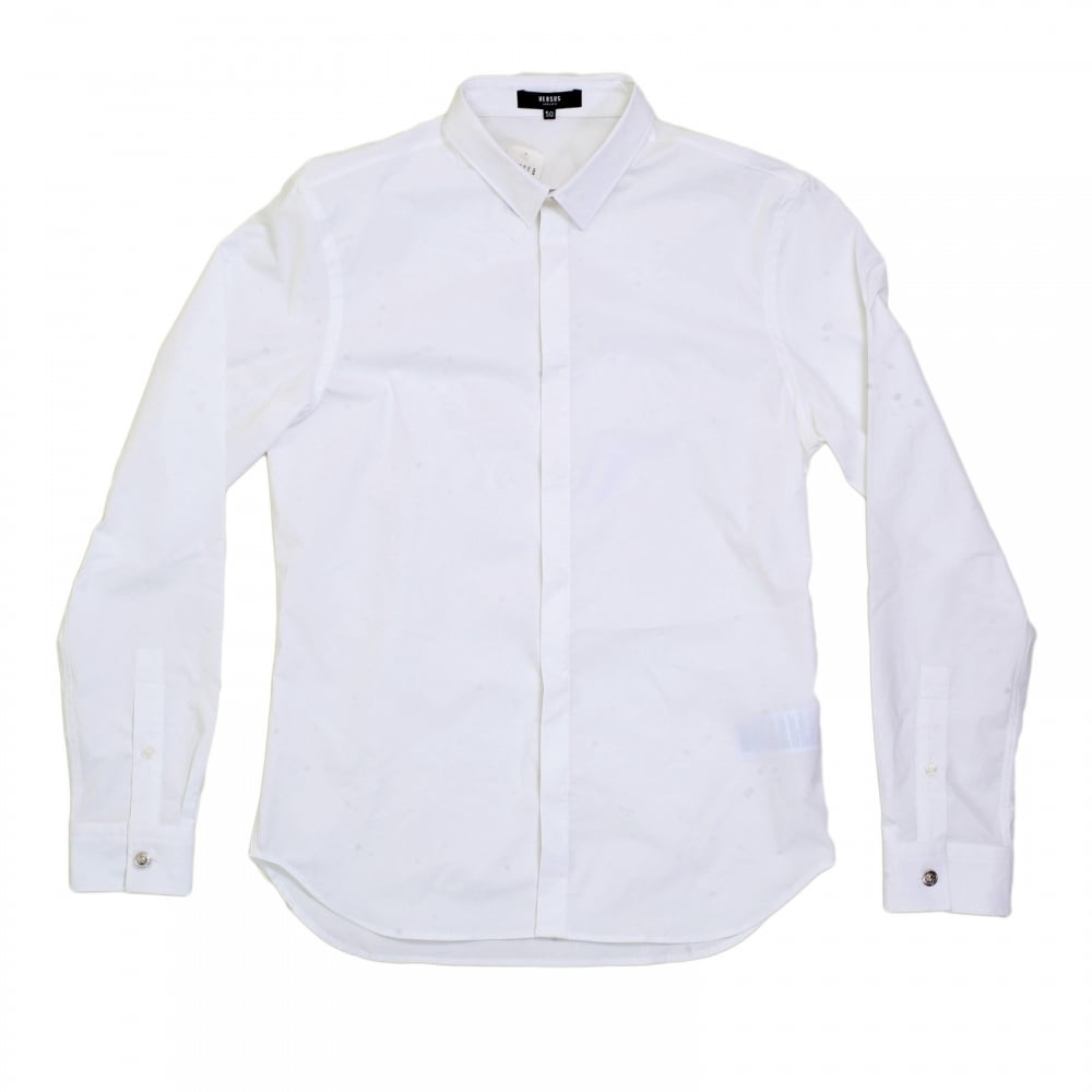 Mens Slim Fit Stretch Cotton White Shirt with Large Self Coloured Lion Head Embroidered Back
