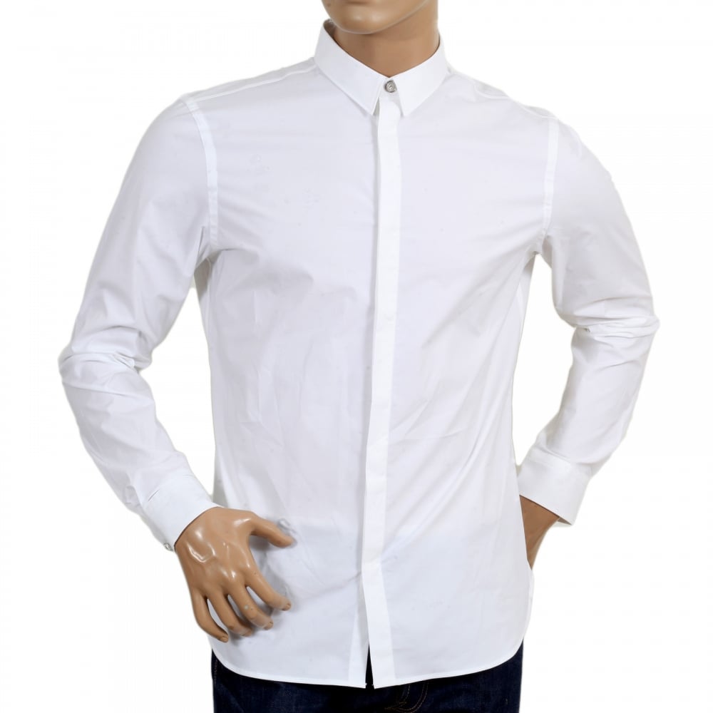 Mens Slim Fit Stretch Cotton White Shirt with Large Self Coloured Lion Head Embroidered Back