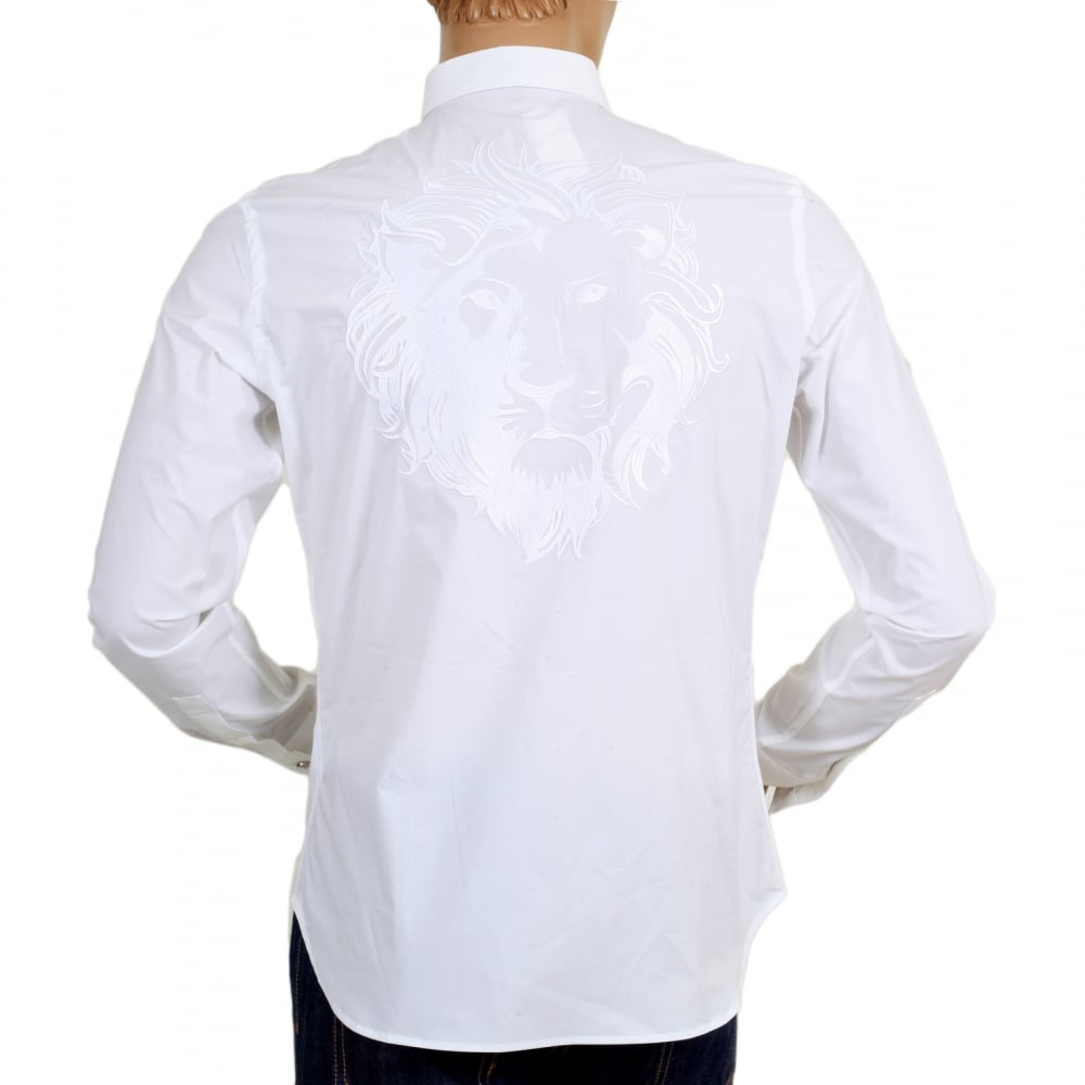 Mens Slim Fit Stretch Cotton White Shirt with Large Self Coloured Lion Head Embroidered Back