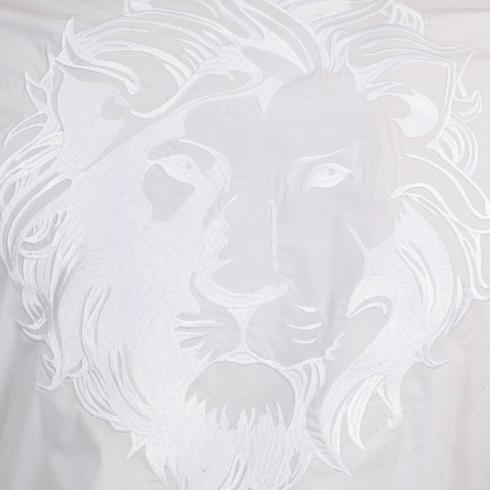 Mens Slim Fit Stretch Cotton White Shirt with Large Self Coloured Lion Head Embroidered Back