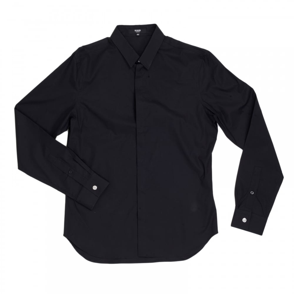 Mens Black Stretch Cotton Large Self Coloured Lion Head Embroidered Slim Fit Shirt with Soft Collar
