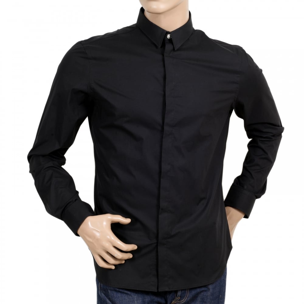 Mens Black Stretch Cotton Large Self Coloured Lion Head Embroidered Slim Fit Shirt with Soft Collar