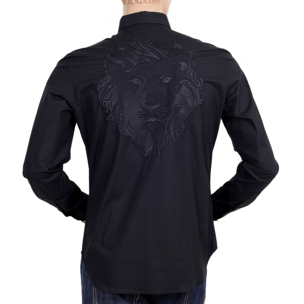 Mens Black Stretch Cotton Large Self Coloured Lion Head Embroidered Slim Fit Shirt with Soft Collar