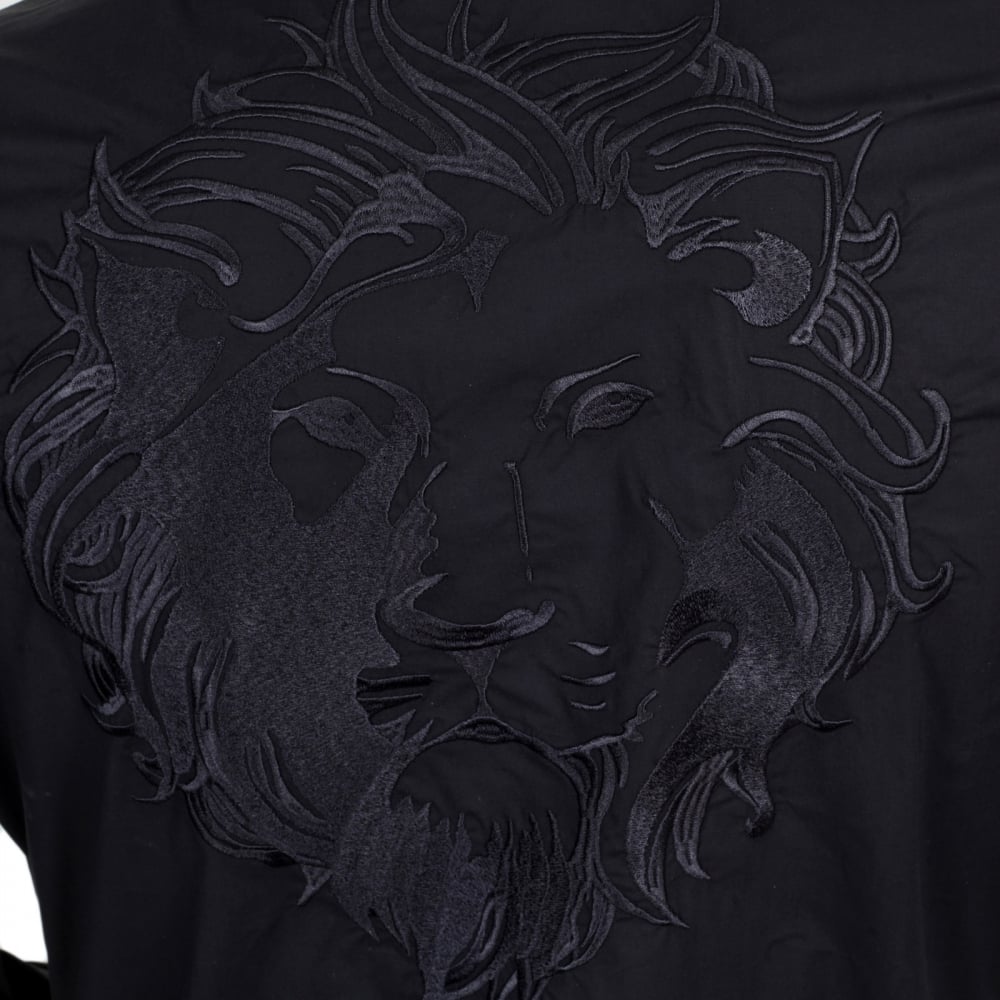 Mens Black Stretch Cotton Large Self Coloured Lion Head Embroidered Slim Fit Shirt with Soft Collar
