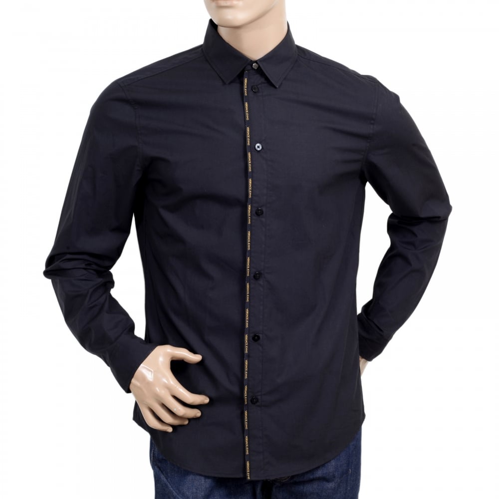 Mens Black Slim Fit Text Logo Piped Placket Cotton Shirt with Soft Collar and Rounded Tail