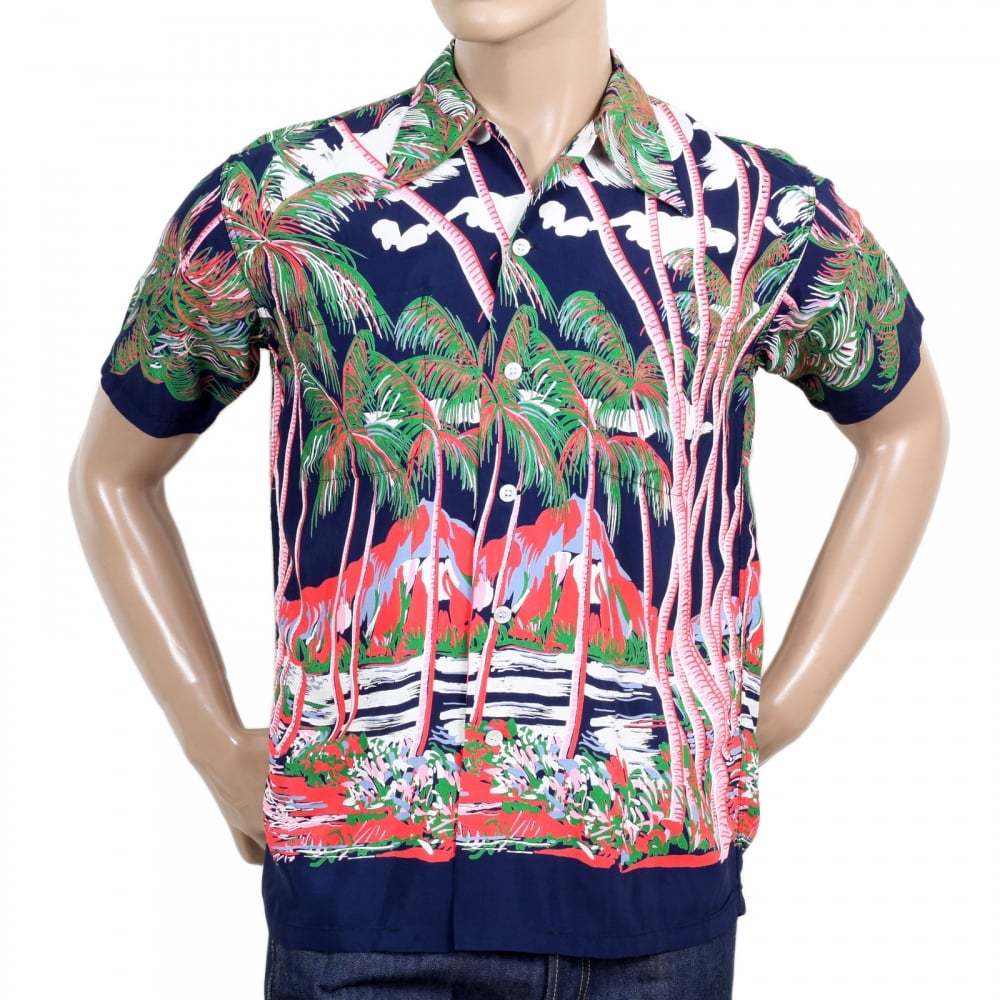 Mens Duke Kahanamoku Coconut Palms & Duamond Head DK36202 Rayon Navy Hawiian Shirt with Two Chest Pockets
