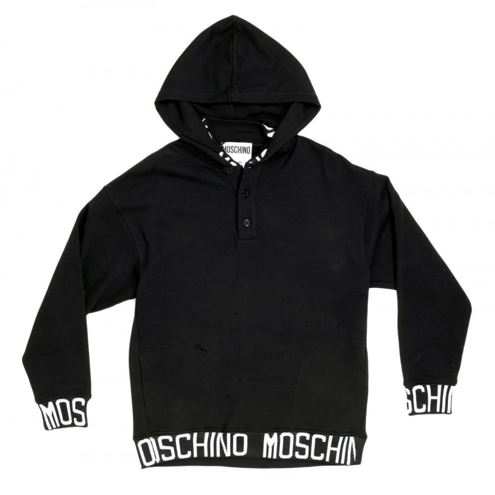 Black 3 Button Regular Fit Hooded Sweatshirt with Woven Text Logo on Ribbed Collar, Waistband, and Sleeve Cuffs