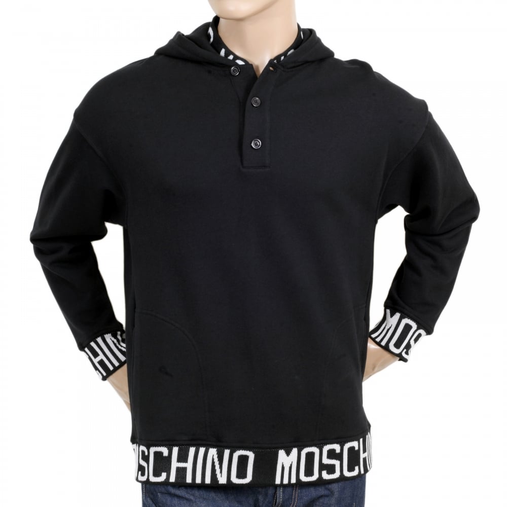 Black 3 Button Regular Fit Hooded Sweatshirt with Woven Text Logo on Ribbed Collar, Waistband, and Sleeve Cuffs