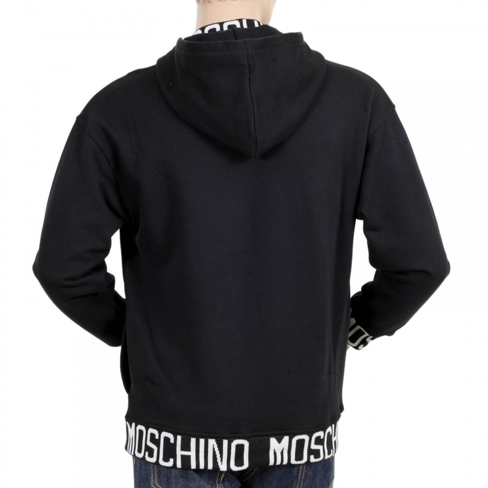 Black 3 Button Regular Fit Hooded Sweatshirt with Woven Text Logo on Ribbed Collar, Waistband, and Sleeve Cuffs