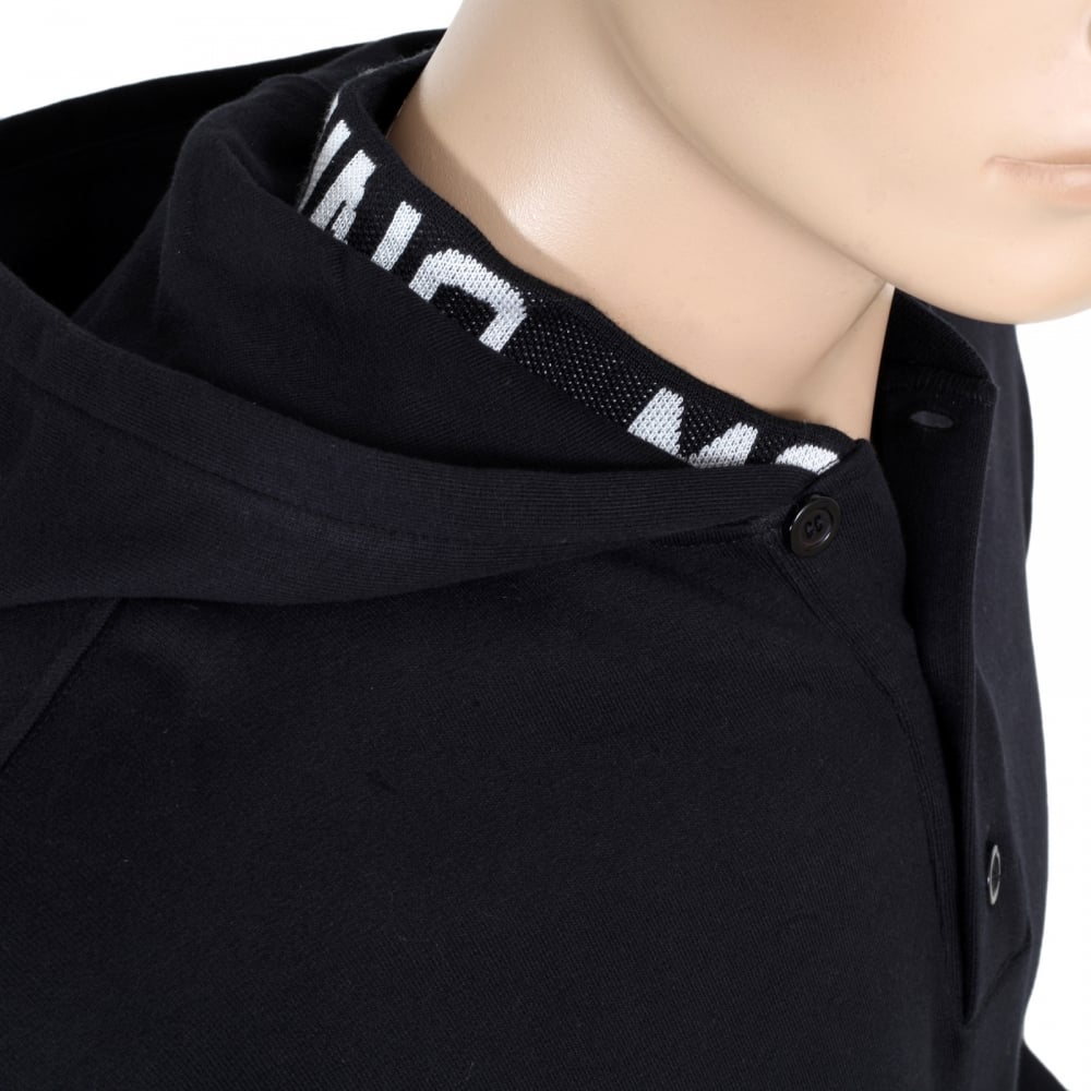 Black 3 Button Regular Fit Hooded Sweatshirt with Woven Text Logo on Ribbed Collar, Waistband, and Sleeve Cuffs