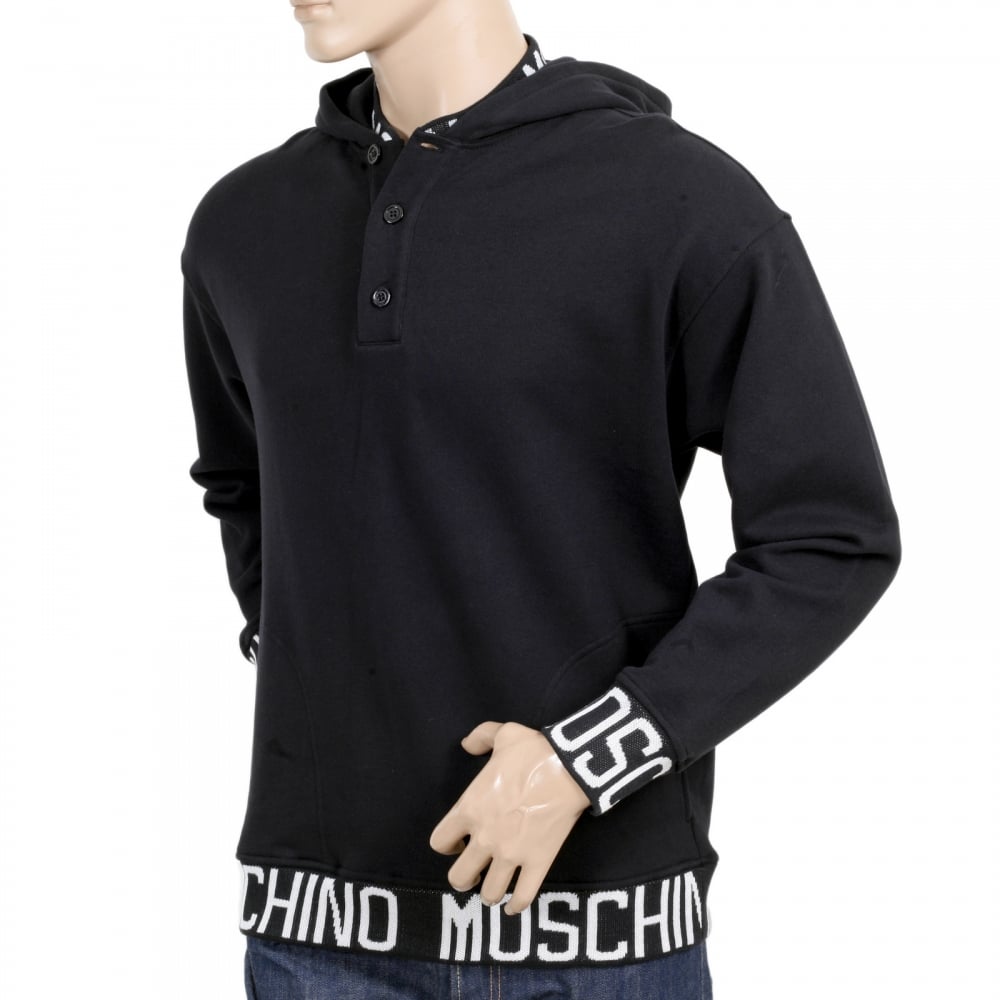 Black 3 Button Regular Fit Hooded Sweatshirt with Woven Text Logo on Ribbed Collar, Waistband, and Sleeve Cuffs