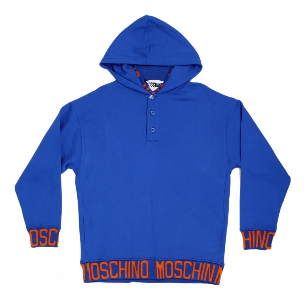 Regular Fit Blue Hooded Sweatshirt with Woven Orange Text Logo on Ribbed Collar, Waistband, and Sleeve Cuffs