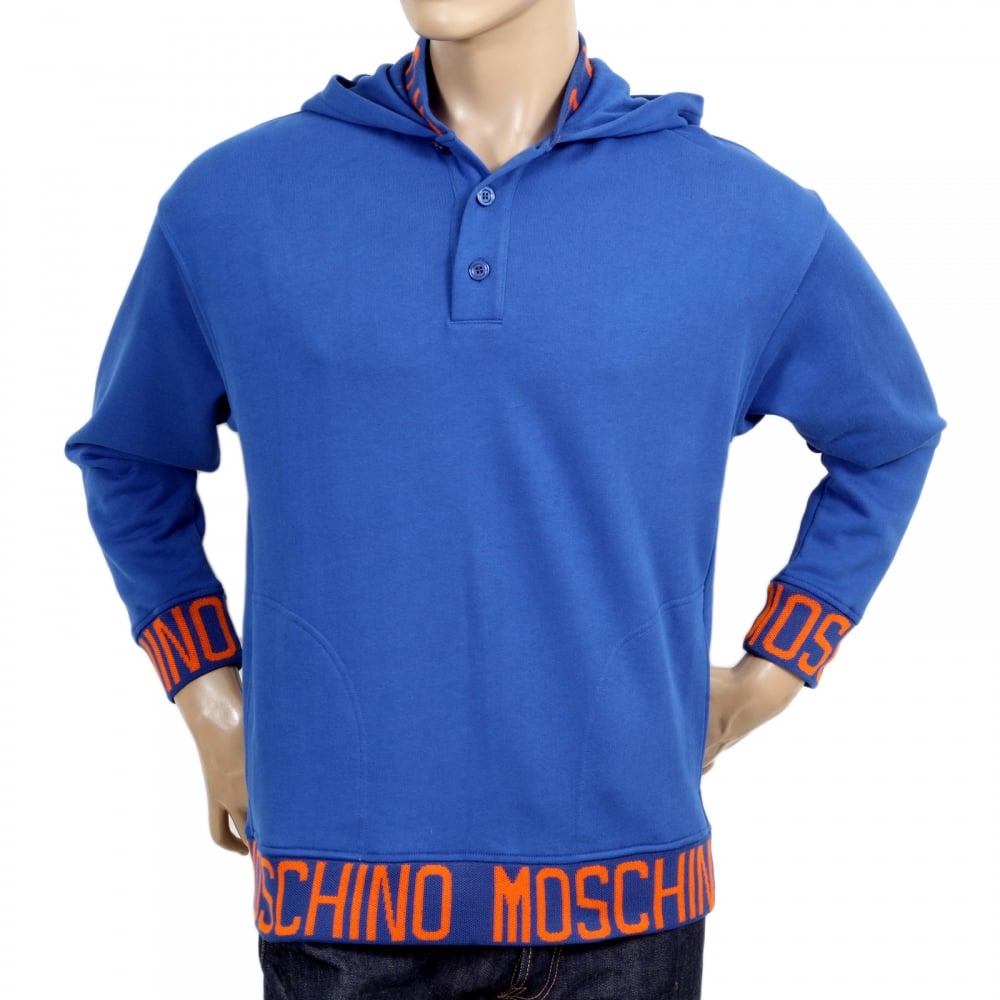 Regular Fit Blue Hooded Sweatshirt with Woven Orange Text Logo on Ribbed Collar, Waistband, and Sleeve Cuffs