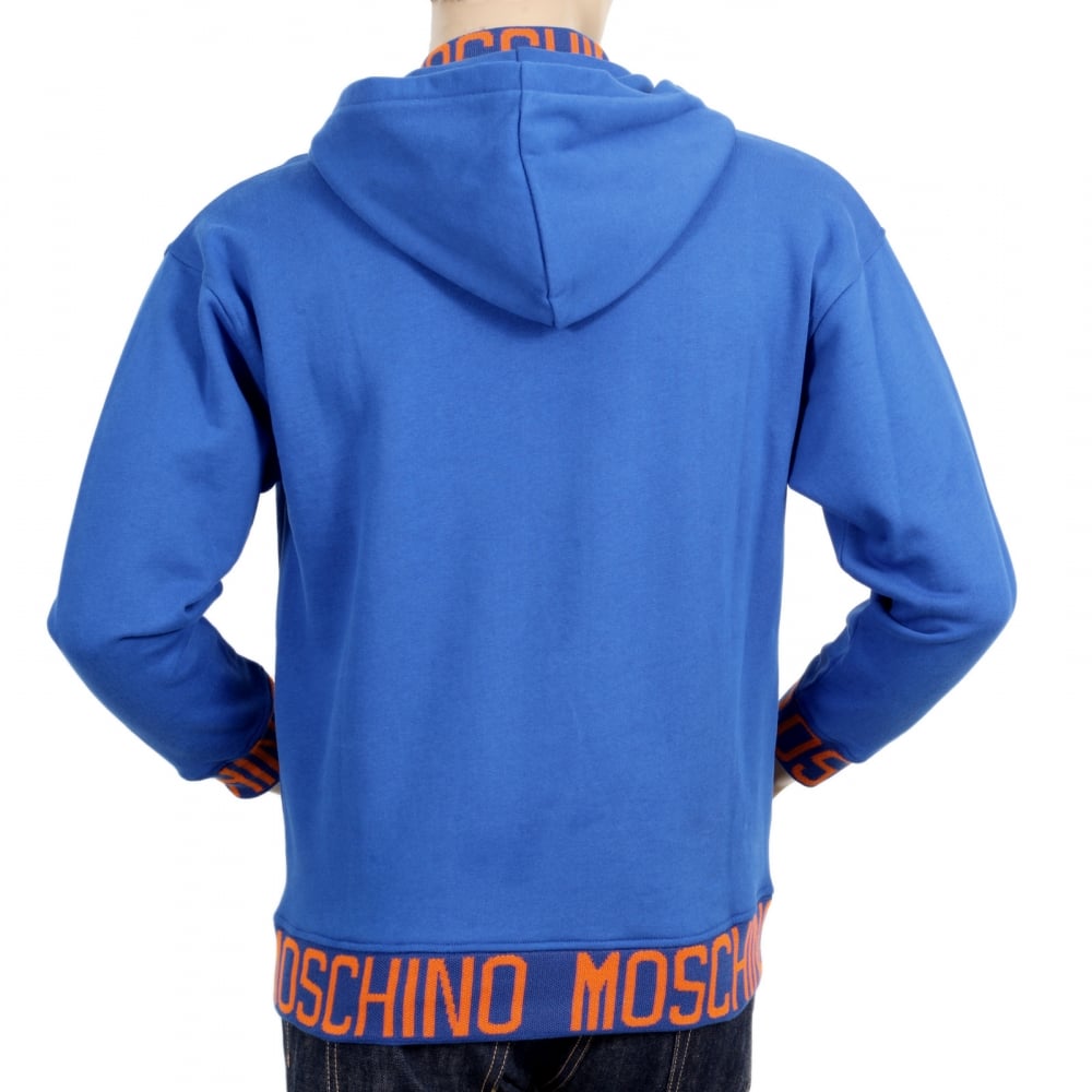 Regular Fit Blue Hooded Sweatshirt with Woven Orange Text Logo on Ribbed Collar, Waistband, and Sleeve Cuffs