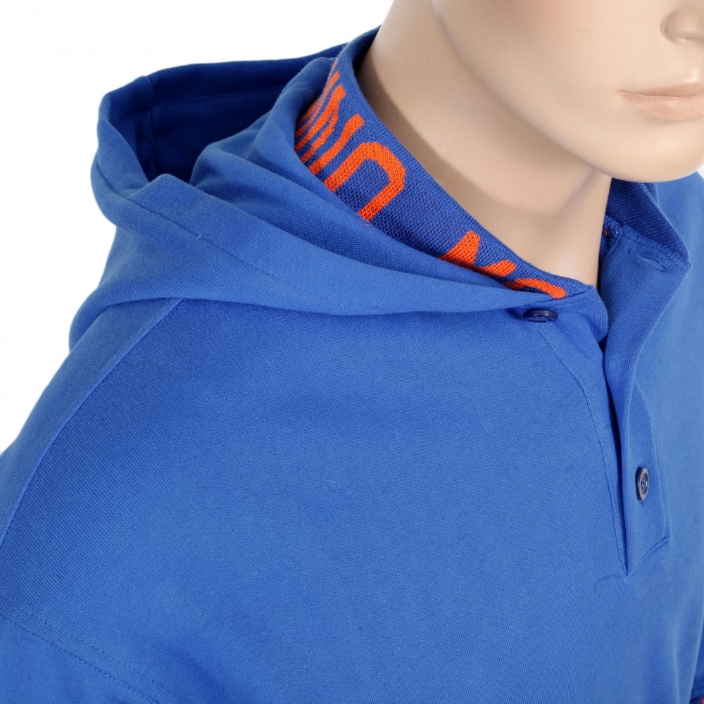Regular Fit Blue Hooded Sweatshirt with Woven Orange Text Logo on Ribbed Collar, Waistband, and Sleeve Cuffs
