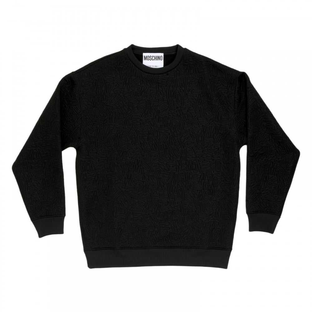 Mens Crew Neck Long Sleeve Regular Fit Black Sweatshirt with Stitched Text Jacquard Logo in Self-colour