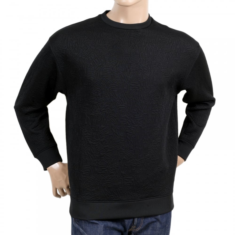 Mens Crew Neck Long Sleeve Regular Fit Black Sweatshirt with Stitched Text Jacquard Logo in Self-colour