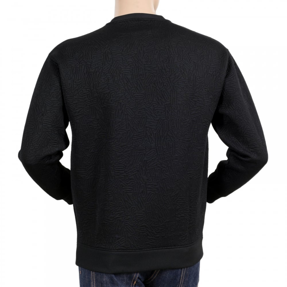 Mens Crew Neck Long Sleeve Regular Fit Black Sweatshirt with Stitched Text Jacquard Logo in Self-colour