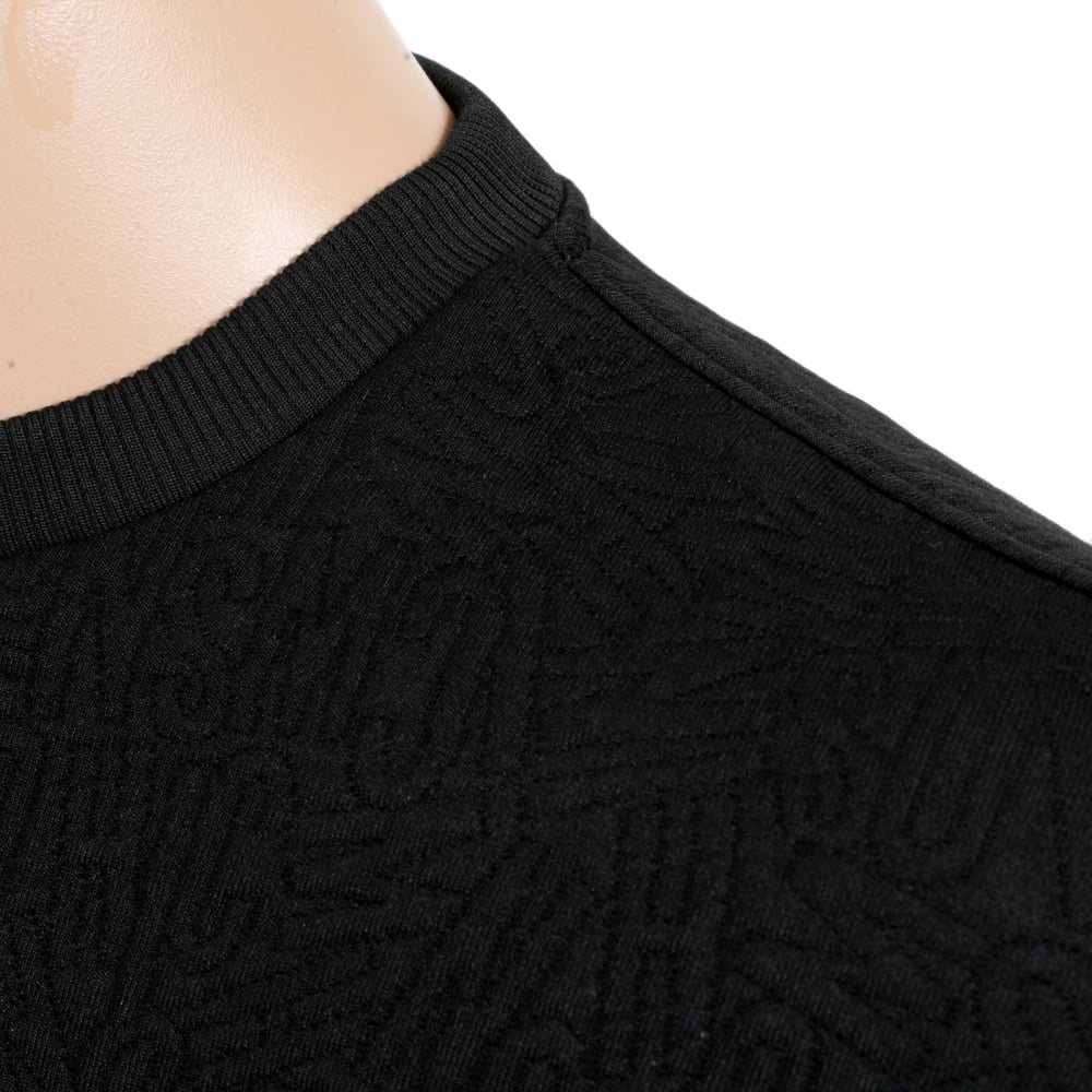 Mens Crew Neck Long Sleeve Regular Fit Black Sweatshirt with Stitched Text Jacquard Logo in Self-colour