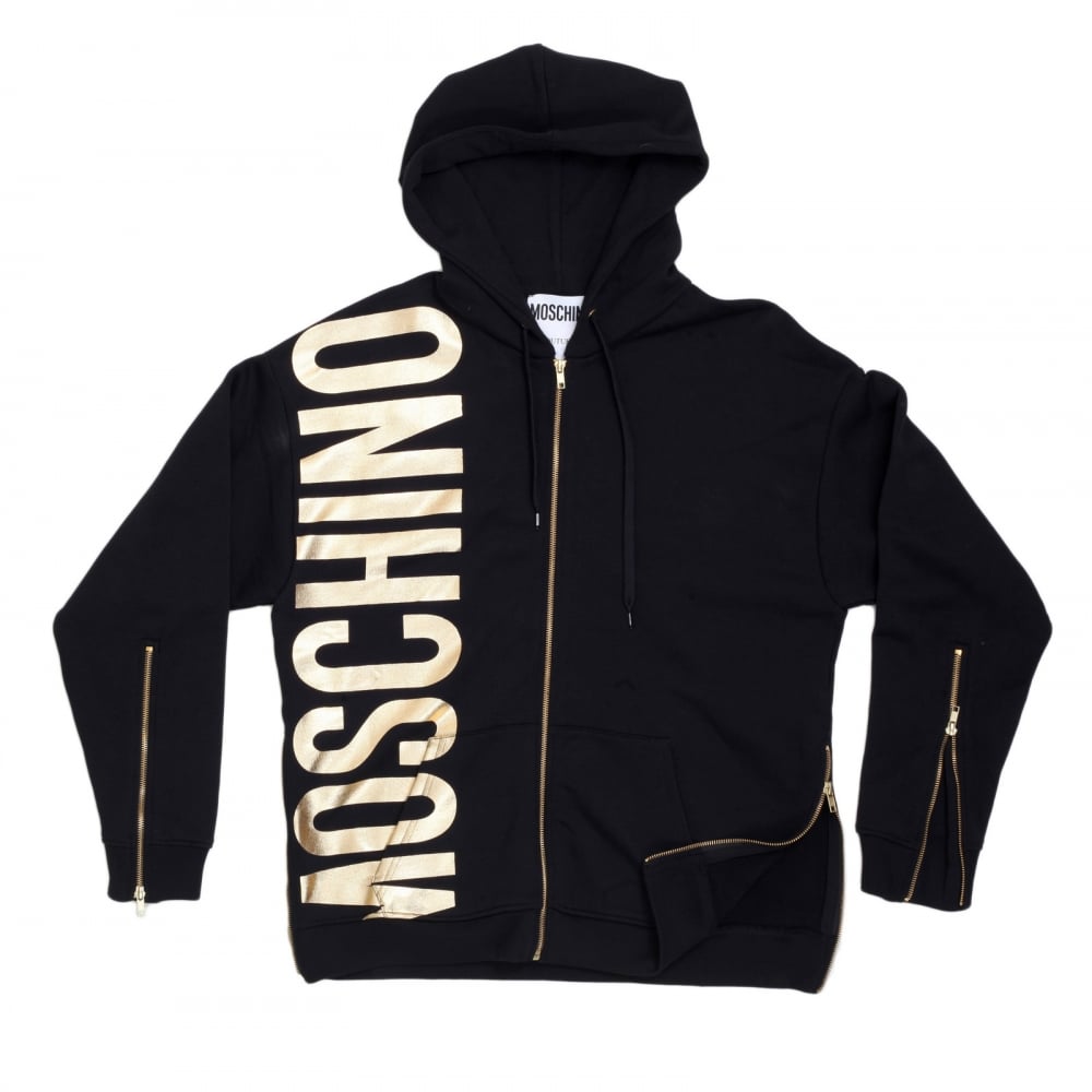 Regular Fit Front and Side Seam Zipped Black Hooded Sweatshirt for Men with Gold Text Logo