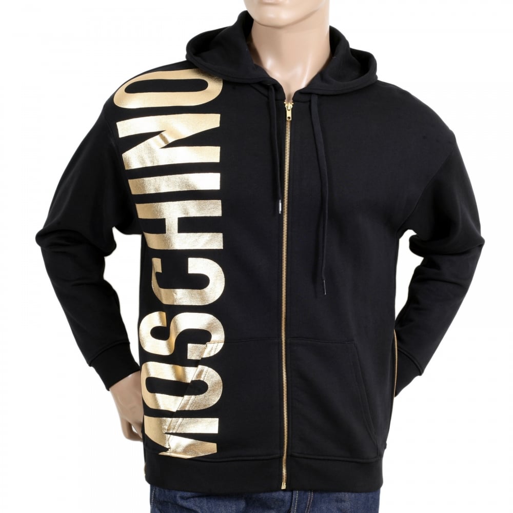 Regular Fit Front and Side Seam Zipped Black Hooded Sweatshirt for Men with Gold Text Logo