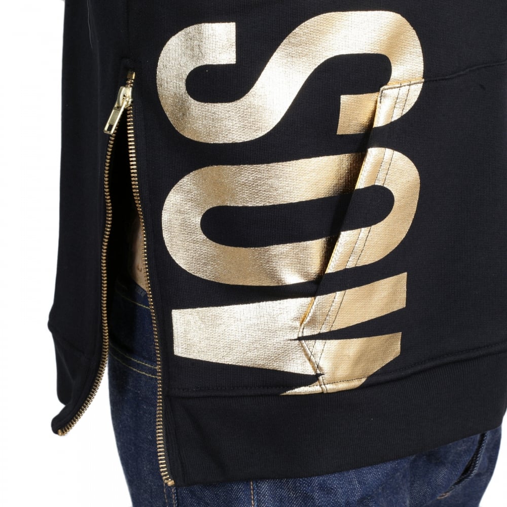 Regular Fit Front and Side Seam Zipped Black Hooded Sweatshirt for Men with Gold Text Logo
