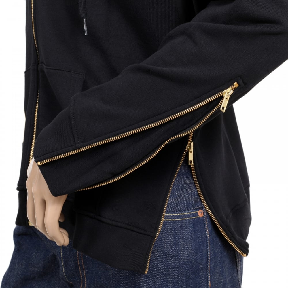 Regular Fit Front and Side Seam Zipped Black Hooded Sweatshirt for Men with Gold Text Logo