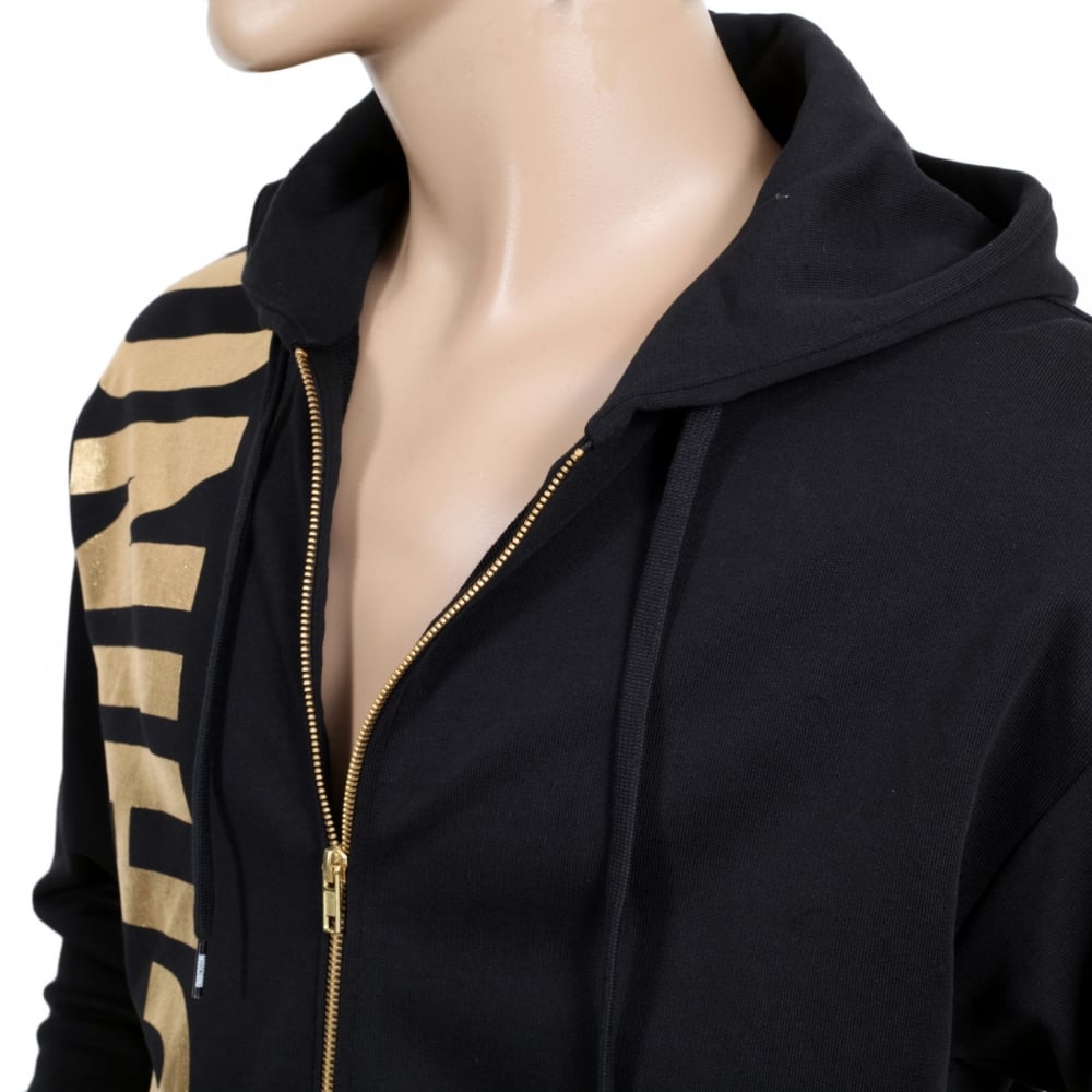 Regular Fit Front and Side Seam Zipped Black Hooded Sweatshirt for Men with Gold Text Logo
