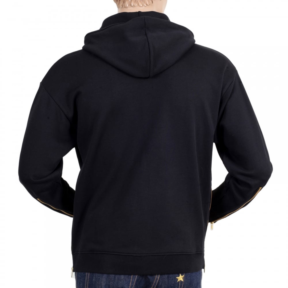 Regular Fit Front and Side Seam Zipped Black Hooded Sweatshirt for Men with Gold Text Logo