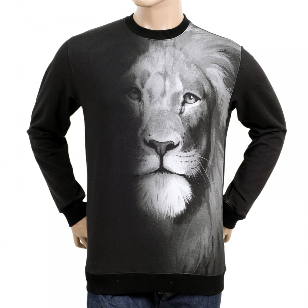 Mens Washed Black Regular Fit Crew Neck Long Sleeve Sweatshirt with Lion Head Photo Print