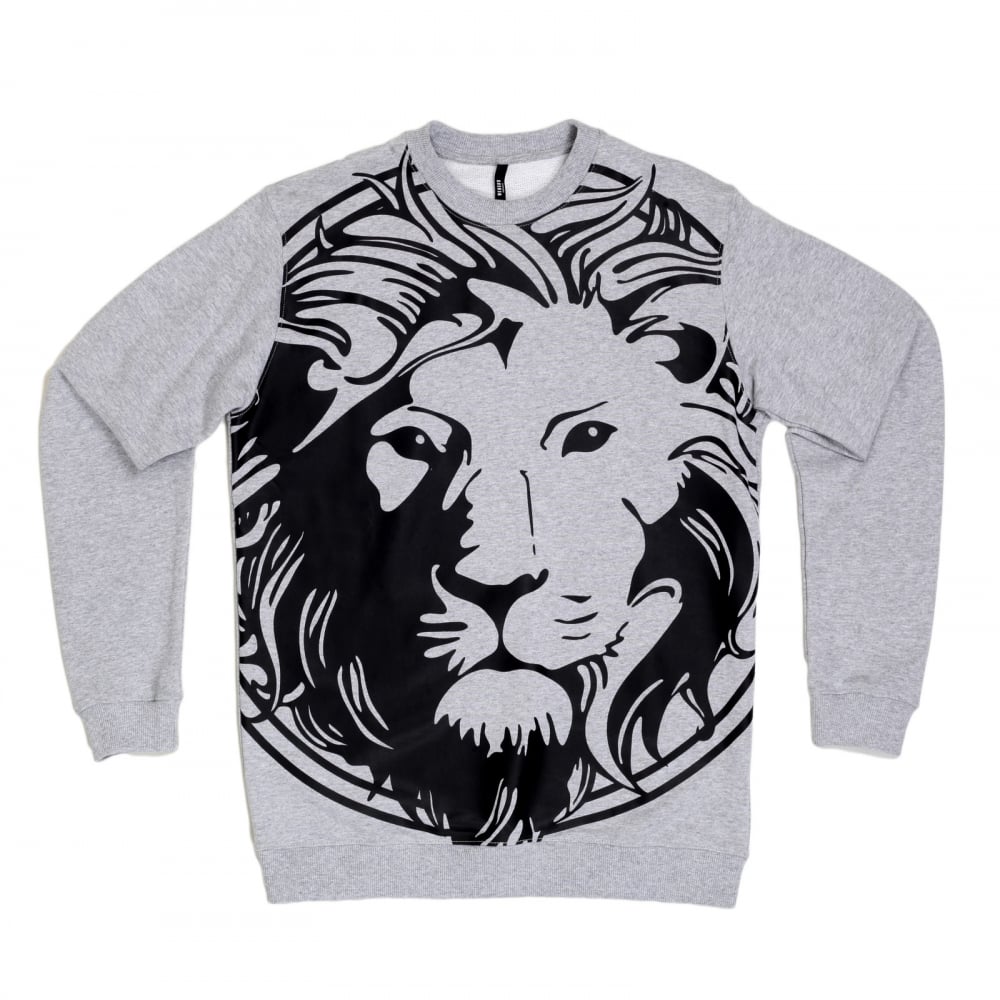 Mens Marl Grey Regular Fit Long Sleeve Crew Neck Sweatshirt with Rubberised Outline Lion Head Print in Black