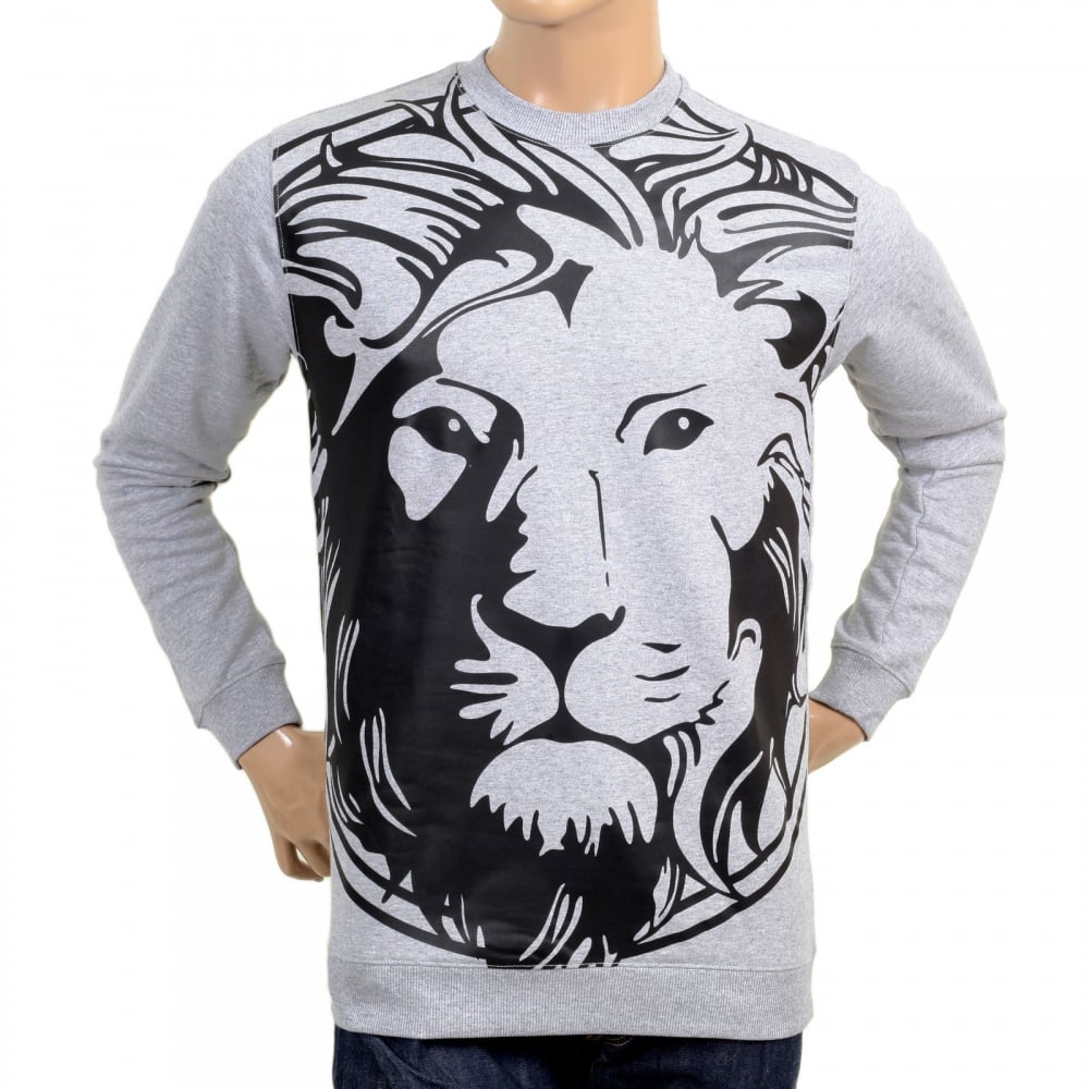 Mens Marl Grey Regular Fit Long Sleeve Crew Neck Sweatshirt with Rubberised Outline Lion Head Print in Black