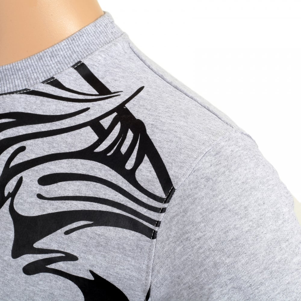 Mens Marl Grey Regular Fit Long Sleeve Crew Neck Sweatshirt with Rubberised Outline Lion Head Print in Black