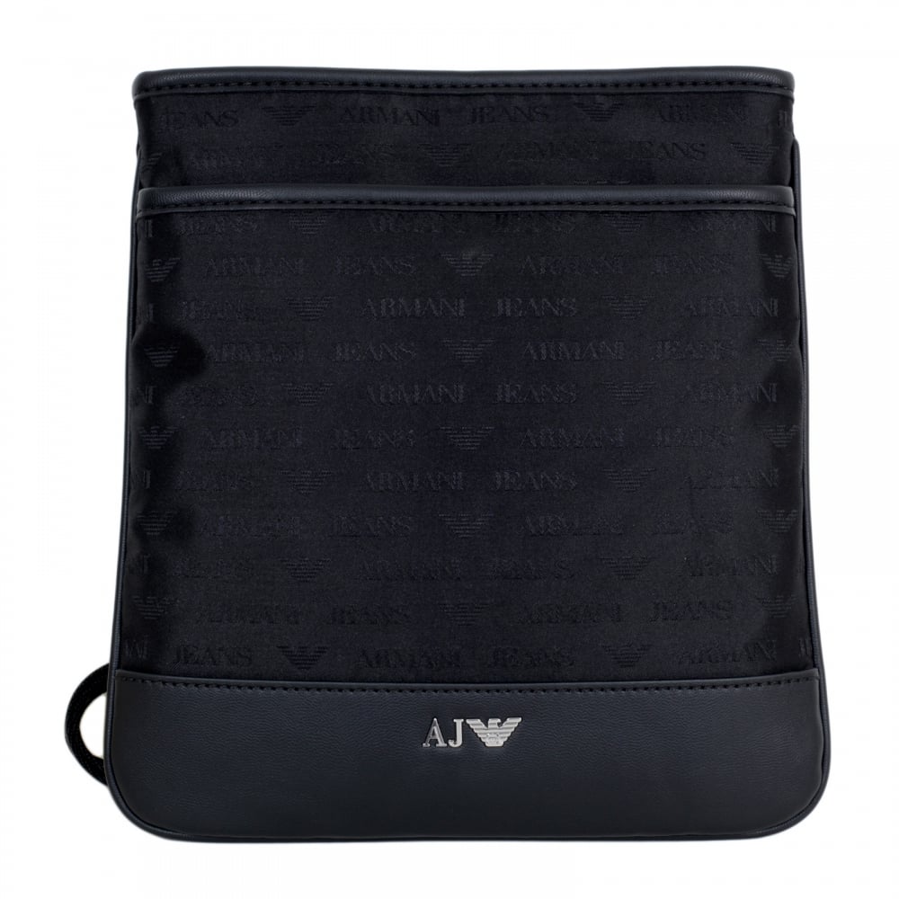 Mens Jacquard Monogram and Eagle Logo Black Bag with Top Zip Closure and Front Pocket