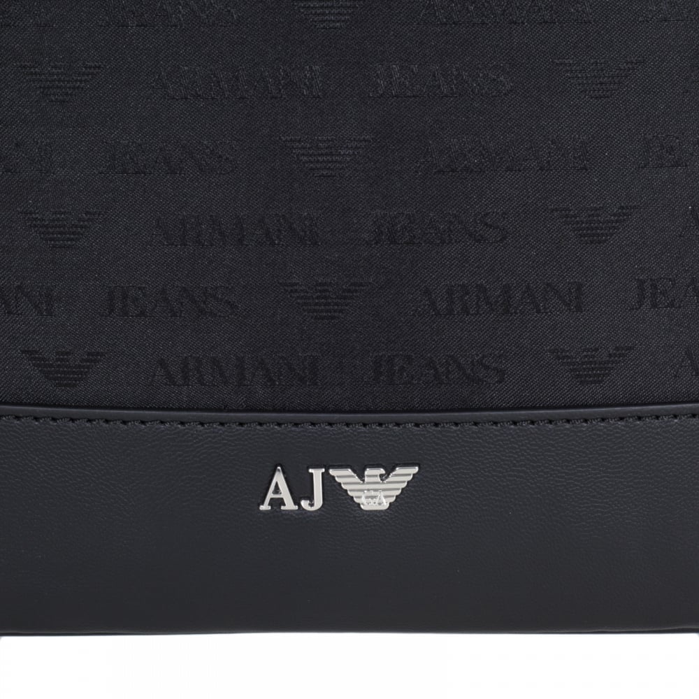 Mens Jacquard Monogram and Eagle Logo Black Bag with Top Zip Closure and Front Pocket