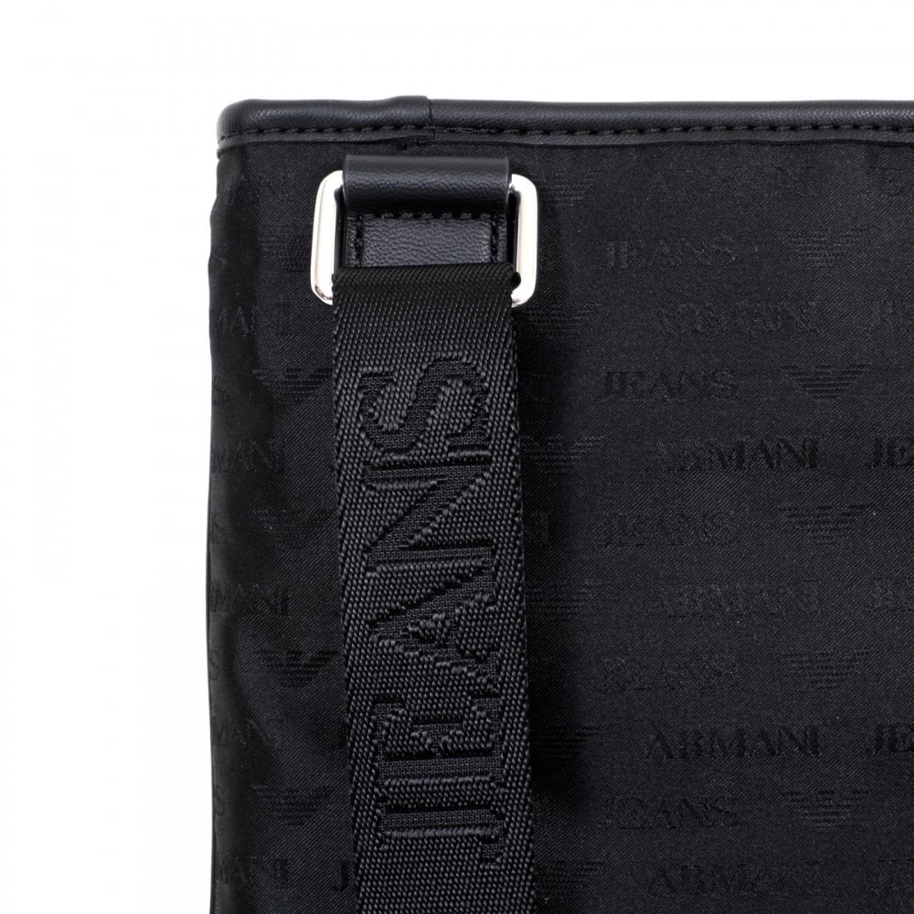 Mens Jacquard Monogram and Eagle Logo Black Bag with Top Zip Closure and Front Pocket