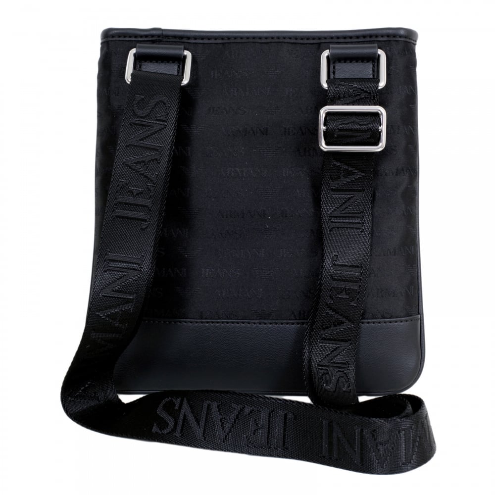 Mens Jacquard Monogram and Eagle Logo Black Bag with Top Zip Closure and Front Pocket