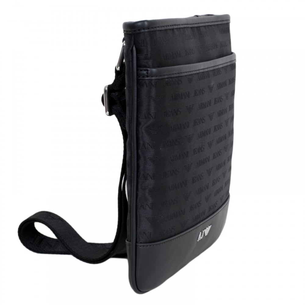 Mens Jacquard Monogram and Eagle Logo Black Bag with Top Zip Closure and Front Pocket