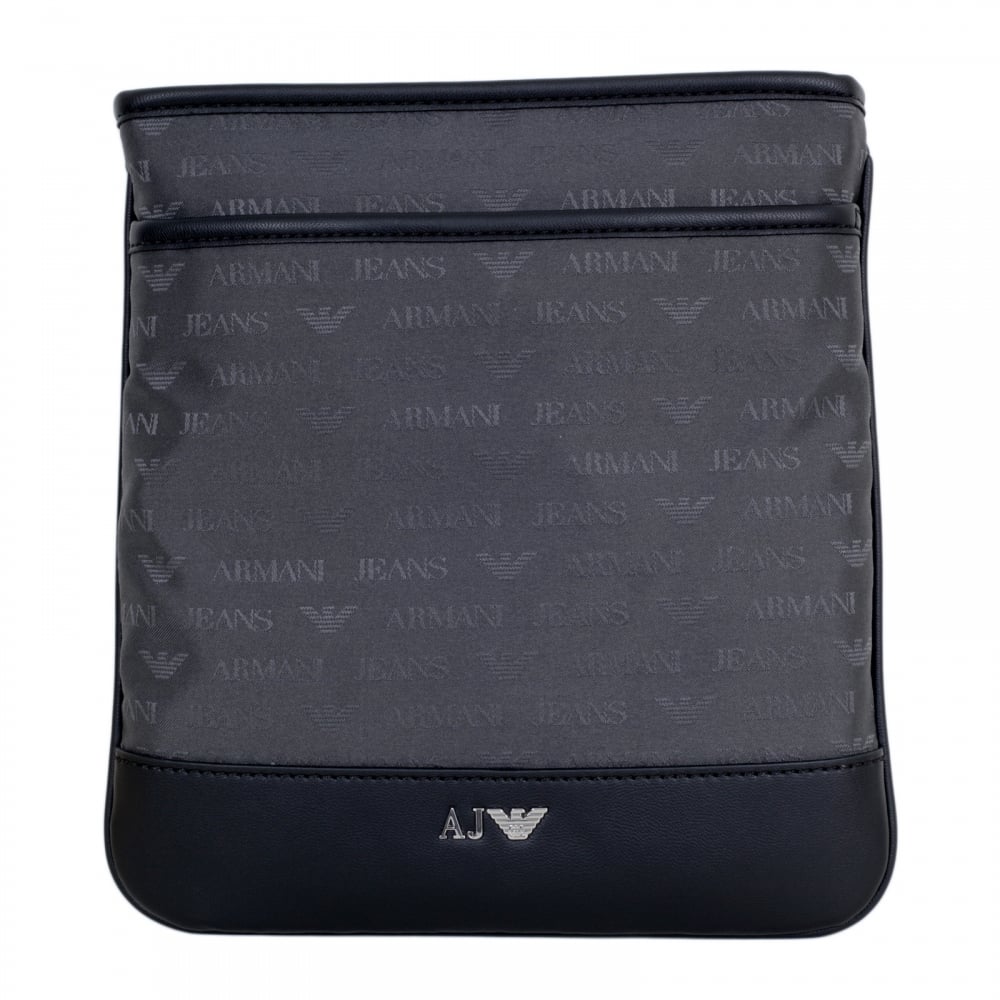 Mens Jacquard Monogram and Eagle Logo Grey Bag with Top Zip Closure and Front Pocket