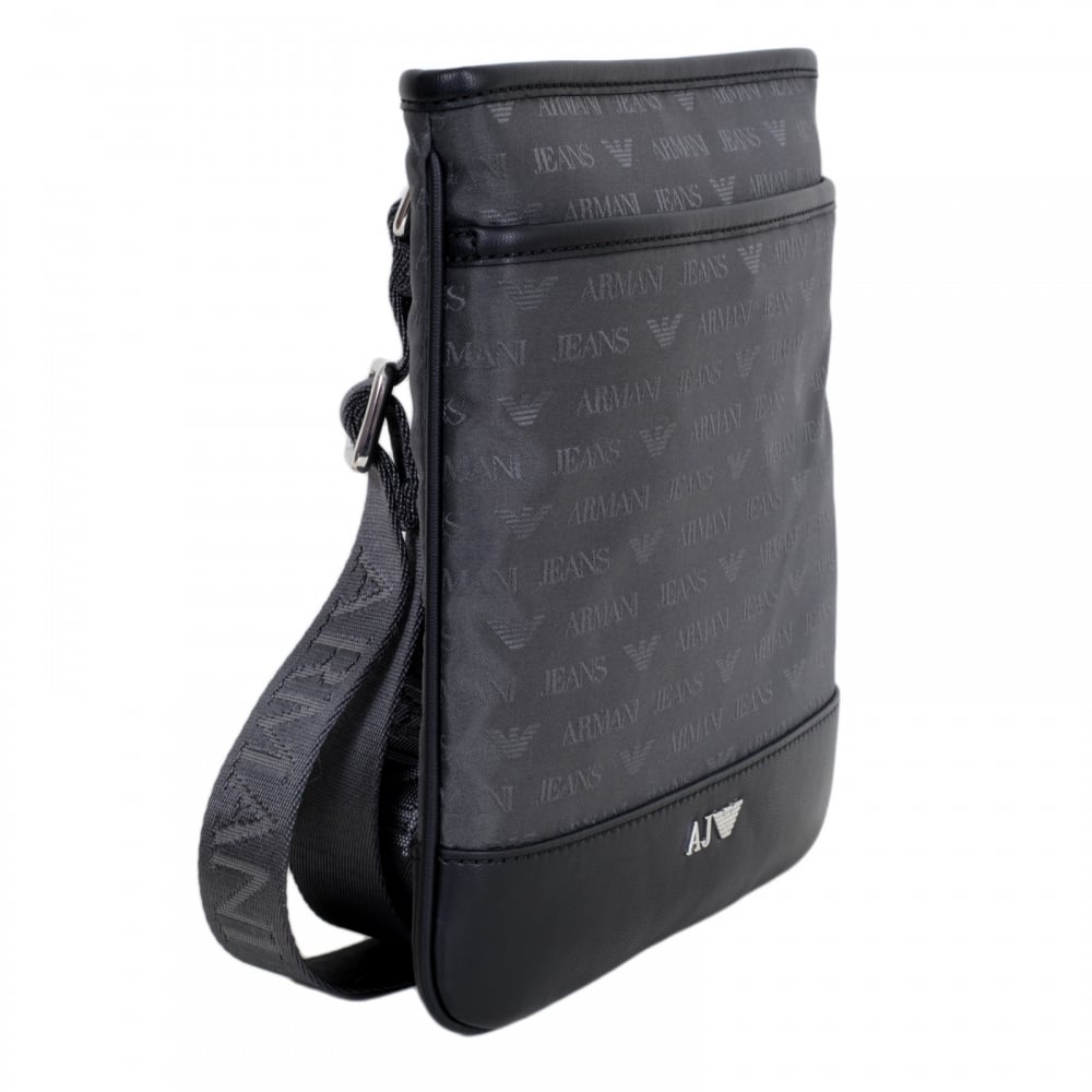 Mens Jacquard Monogram and Eagle Logo Grey Bag with Top Zip Closure and Front Pocket