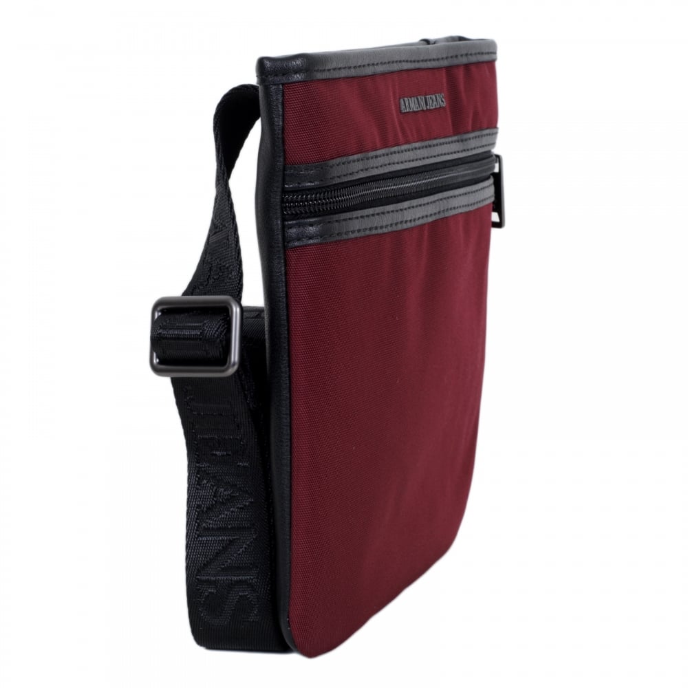 Text Logo Bordeaux and Black Bag for Men with Top Zip Closure and Front Pocket